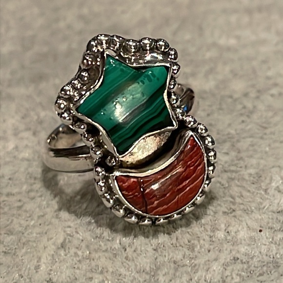 Moon & Star Ring Size 6 Sterling Silver Green South African Malachite & Jasper 6 - Picture 2 of 8